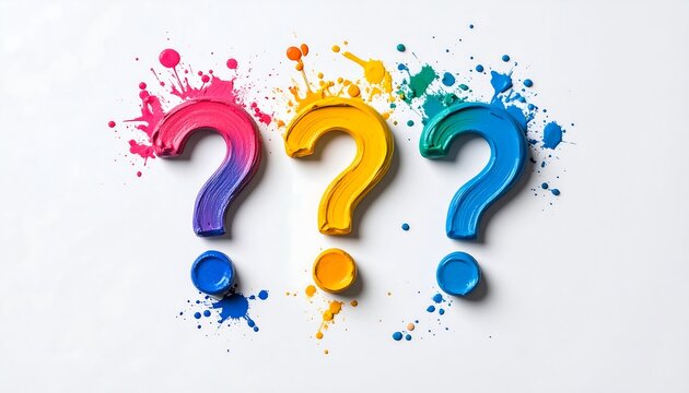 Colorful question marks in vibrant paint splashes on a white canvas during an artistic creation