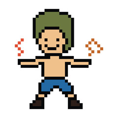 Obraz premium Cartoon pixel art character man exercises training aerobic dance lifestyle music decoration life style 8 bit male boy dance with music game 8bit fitness isolated PNG vector.
