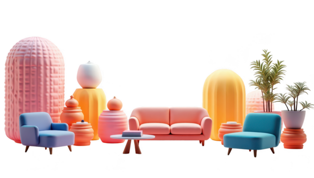 Colorful modern furniture arrangement in a minimalist living room scene.