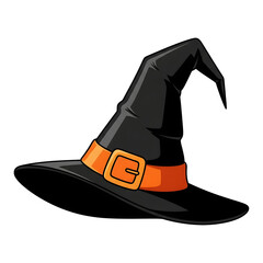 Black witch hat with an orange buckle, featuring a pointed tip and wide brim, symbolizes Halloween festivities and magical themes, perfect for seasonal celebrations and decorations