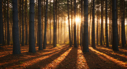 A dense pine forest in autumn, with orange, red, and yellow leaves scattered on the ground, lit by the gentle light of the afternoon sun.