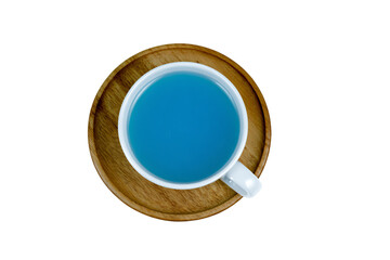a cup of tea on a wooden plate