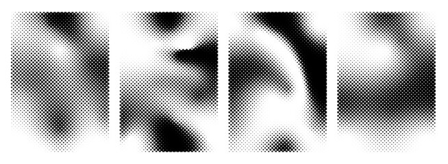 Halftone backgrounds set. Collection of rectangles banner with noise gradient stipple dots pattern. Grunge halftone gradient vector texture set of silver