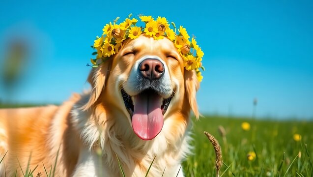 A golden retriever wearing a flower crown lying in a field of grass under a clear blue sky smiling happily | national dog day