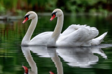 Fototapeta premium Swans swimming gracefully on a serene pond in a lush green landscape