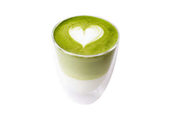 a cup of green tea with a heart drawn in it