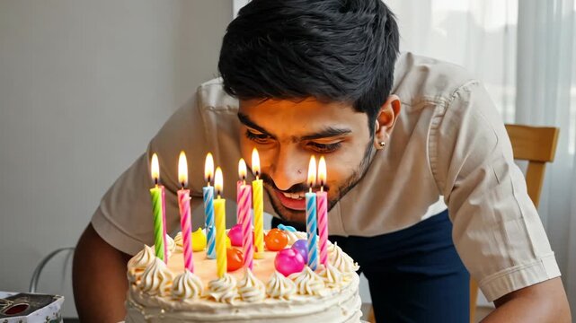 AI Generative Young man blowing out candles on cake, happy birthday celebration
