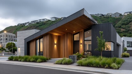 Small contemporary home showcases elegant design features, an open-air patio, and lush surroundings, creating a serene evening atmosphere