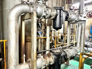 
A dense network of large industrial pipes, valves, and structural supports dominates this factory interior, showcasing the complex and robust infrastructure typical of a chemical 