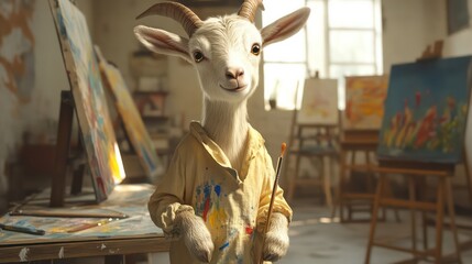 Realistic goat in painter’s smock holds brush in cozy art studio with easels and skylight sun.


