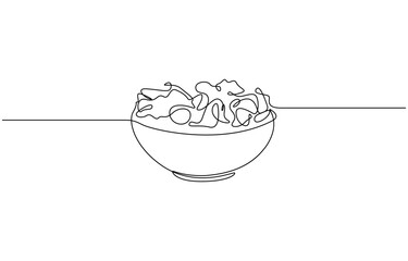 Continuous one line drawing of vegetables salad on bowl vector illustration. Editable outline