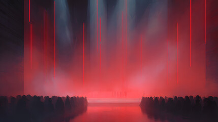A surreal view of an empty, elevated stage surrounded by a dense crowd, every person focused intently forward. Overhead red lights cascade onto the platform, reflecting off sleek surfaces and faint