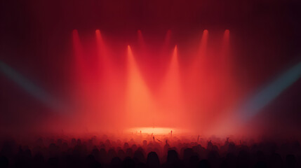 The spotlighted red stage sits silently in the center of the image, framed by intense audience energy. The crowd surrounds it like a tidal wave of shadows, waving hands and dim faces visible beneath