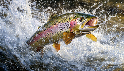 Trout jumping out the river water generated.AI
