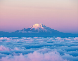 Fototapeta premium Stunning mountain peak rising above soft pink clouds during sunrise. Generative AI