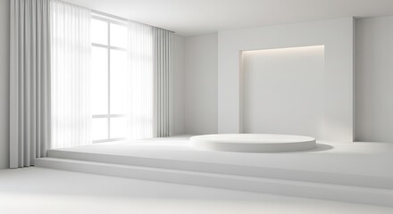 A minimalist white room with a stage for product presentation