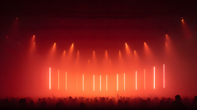 An empty stage framed with vertical arrays of red LED lights, glowing intensely in a fog-filled arena. The crowd below forms a living border of silhouettes, their features shadowed, all attention