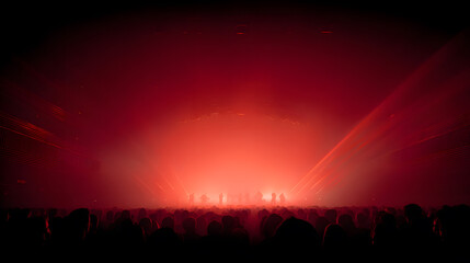 A wide-angle view of an empty concert stage bathed in deep red lighting, casting dramatic shadows across the equipment. The crowd surrounds the stage on all sides, packed shoulder to shoulder, faces