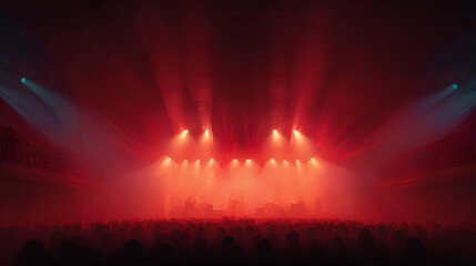 A wide-angle view of an empty concert stage bathed in deep red lighting, casting dramatic shadows across the equipment. The crowd surrounds the stage on all sides, packed shoulder to shoulder, faces