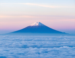 Stunning mountain peak rising above soft pink clouds during sunrise. Generative AI