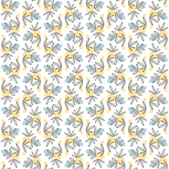 Modern seamless pattern featuring hand drawn linear leaves and abstract organic shapes in soft yellow and blue tones. Ideal for textile wallpaper packaging and creative design projects. 