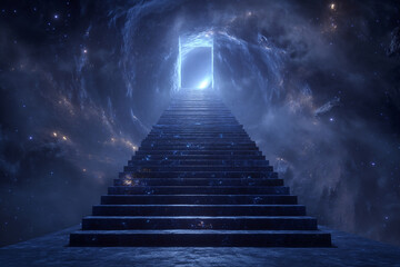 Fototapeta premium A celestial staircase made of shimmering crystal steps leading into a glowing portal in space