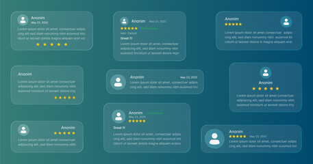 Customer review testimonials, product rating with liquid glass design