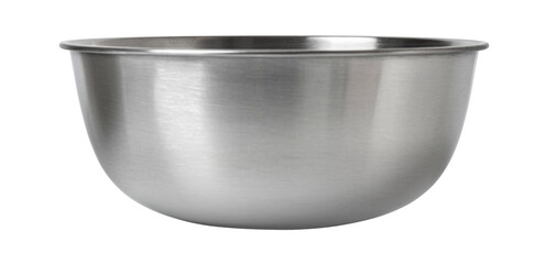 Shiny stainless steel mixing bowl on white surface
