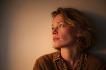 Pensive woman gazing into the distance.