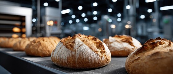 Breacrts cooling on a production line in a commercial kitchen, highlighting the quality and artistry of freshly baked loaves