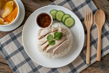 Delicious Hainanese Chicken Rice on Rustic Table Setting