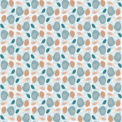 Decorative seamless pattern featuring linear leaves and soft abstract shapes in muted blue and terracotta tones. Perfect for textiles wallpaper packaging and modern surface design. 