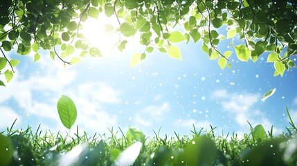 Picturesque view of a summer landscape. Lush green leaves, grass, and a vibrant blue sky with fluffy clouds are showcased.  The image evokes a sense of peace and serenity.