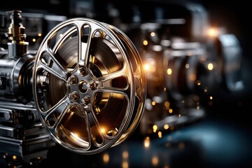 Fototapeta premium Elegant film reel shining against a blurred cinematic background in a modern studio