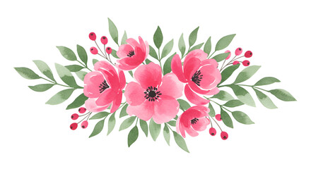 Obraz premium Watercolor floral arrangement featuring pink flowers, green leaves, and red berries