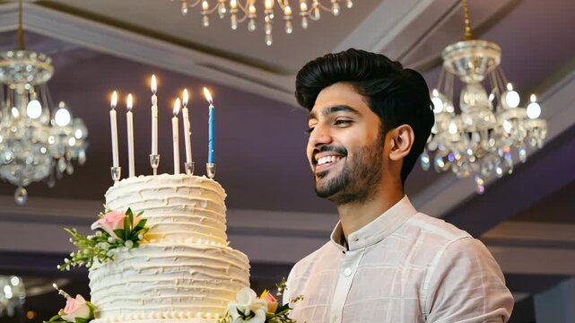 AI Generative Young man blowing out candles on cake, happy birthday celebration