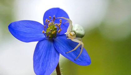 Close-up of a white crab spider on a vibrant blue flower