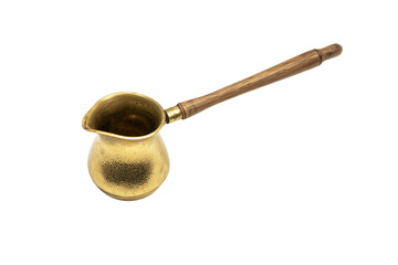 a gold pitcher with a wooden handle