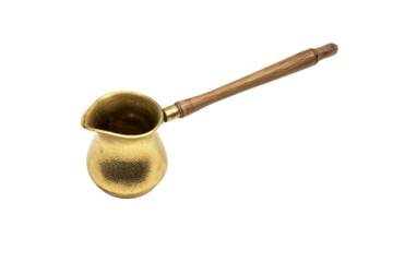 a gold pitcher with a wooden handle