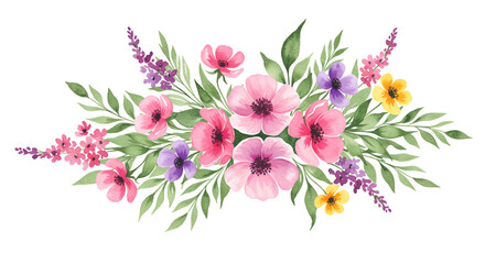 Watercolor floral arrangement with pink, purple and yellow blossoms on white background