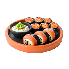 Elegant Clay Model Sushi Platter with Rolls, Wasabi, and Soy Sauce