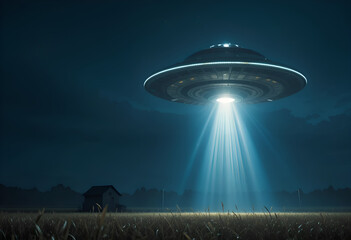 Mysterious Field Visit: UFO with Bright Light Beam Hovering Over a Rural Landscape at Night