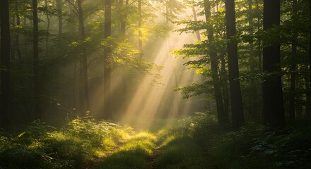 Fototapeta premium Morning Sunlight Through Forest Canopy