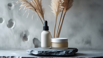 Skincare Products on Stone with Pampas Grass and Serene Background