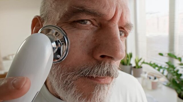 Face of mature grey bearded man looking at camera while standing in front of mirror in bathroom during skin care procedure and making facial massage with electric massager