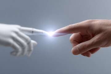 Human Hand and Robotic Hand Reaching Out in a Symbolic Connection of Technology