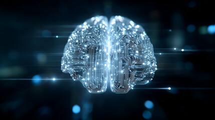 A conceptual image of artificial intelligence, a glowing brain made of circuits, futuristic data streams, cyber blue tones