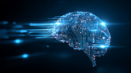 A conceptual image of artificial intelligence, a glowing brain made of circuits, futuristic data streams, cyber blue tones