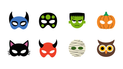 Fototapeta premium A set of colourful halloween masks, including a cat, devil, bat, skull, mummy, owl, monster, and pumpkin