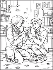 Animal-themed coloring page for kids and adults: Animal at the vet clinic: Vet checking a cute funny cat